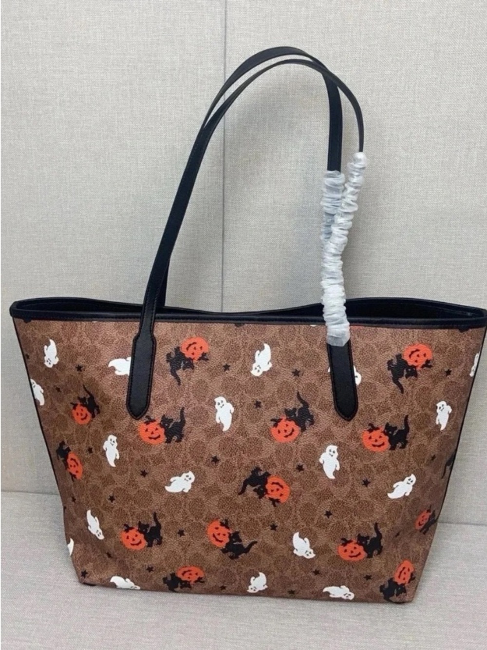 Coach Brown Halloween Print Tote with Black Handles and Orange Accents